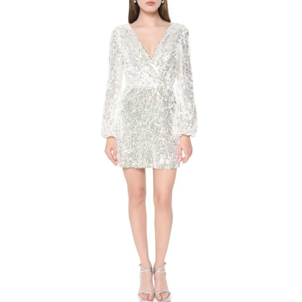 WAYF | Carrie Long Sleeve Mini Dress In White Silver Sequins Size Small